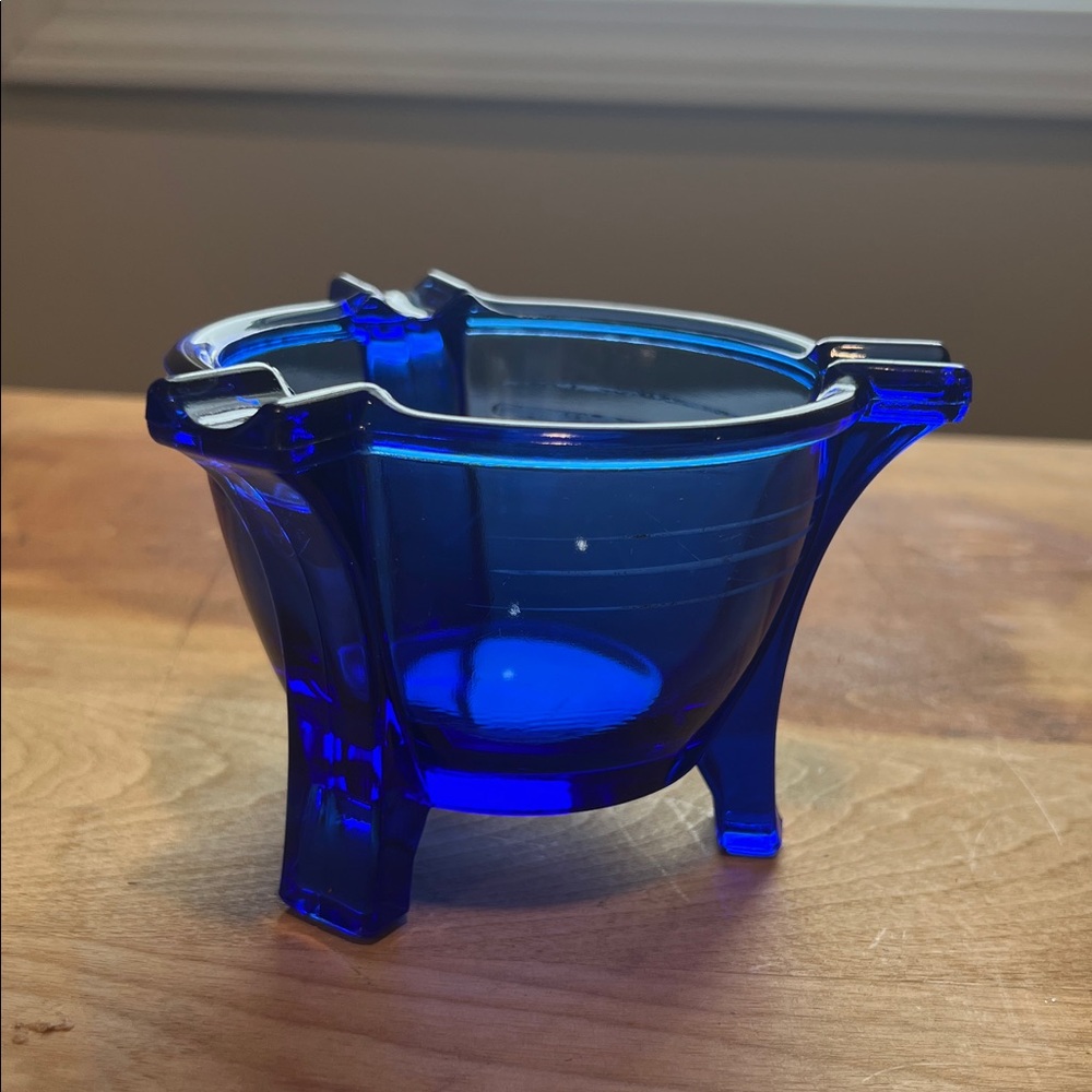 Cobalt Blue Depression Glass ashtray bowl 3 rests footed 3 stripes art deco
